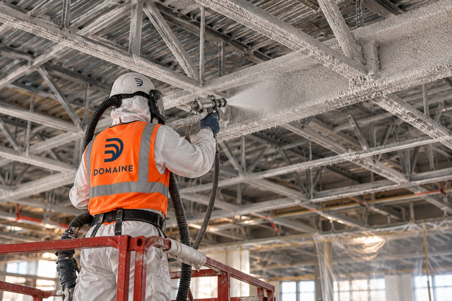 A technician spraying a fire-protective coating onto structural steel.
