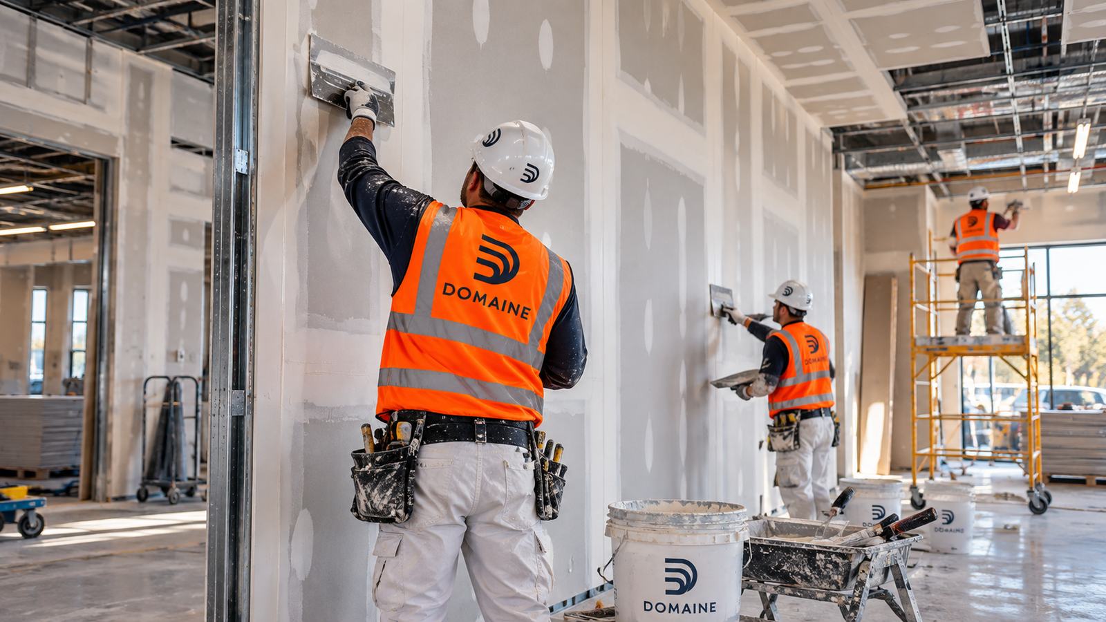 A finisher coating drywall joints in a commercial interior.