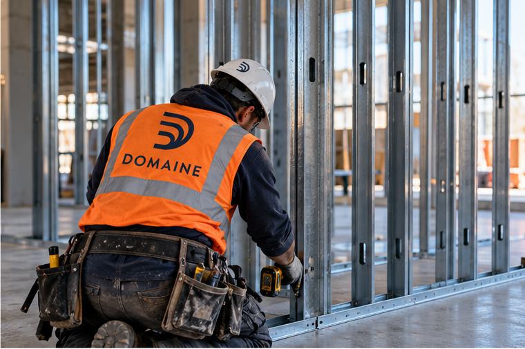 An installer fastening the base of a metal stud partition.