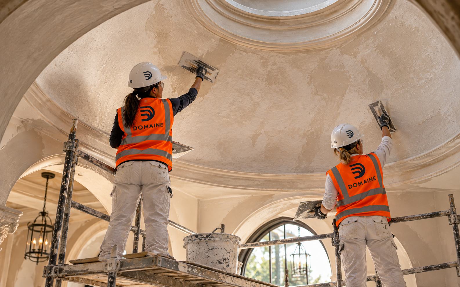 Finishers on scaffolding applying plaster inside a domed ceiling.